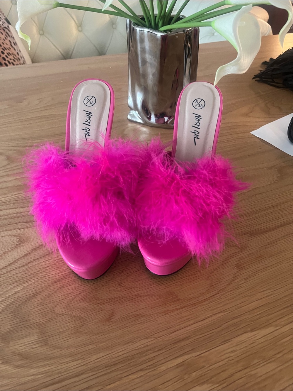 Nasty Gal Hot Pink Feather Slide Mules